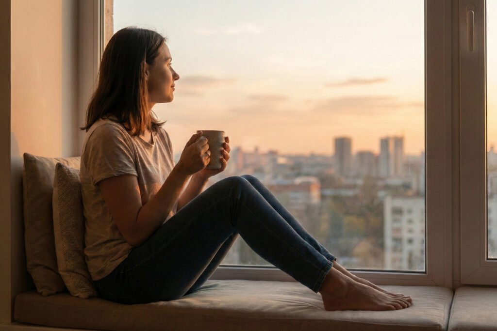 Mujer sentada tranquila junto a la ventana al atardecer sosteniendo una taza de café, representando la paz mental de aprender a estar solo tras una ruptura