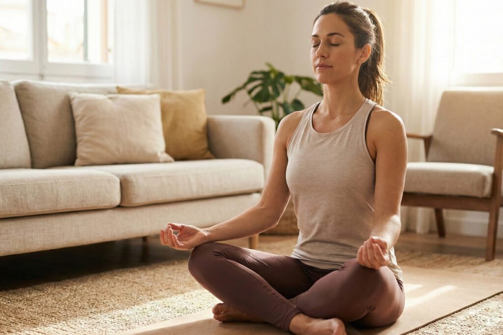 Mujer practicando autocuidado real mediante meditación y yoga en el salón de su casa, conectando mente y cuerpo.