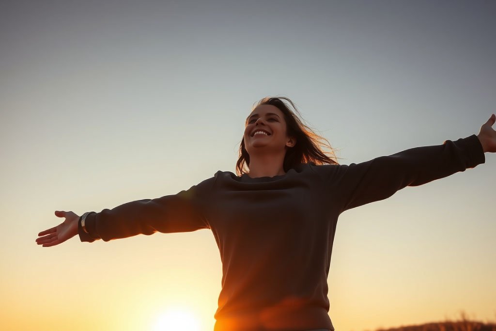 Persona feliz sintiendo libertad y amor propio tras superar la ruptura amorosa.