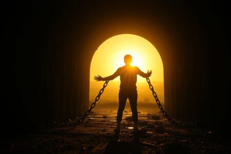 Silueta de persona rompiendo cadenas y mirando hacia la luz, representando cómo desenamorarse de alguien y soltar el pasado.