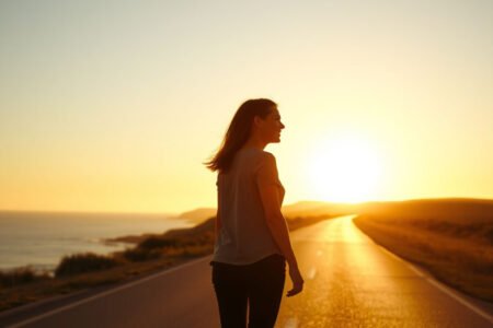 Persona caminando con confianza y paz mental al atardecer, ilustrando el éxito del contacto cero.