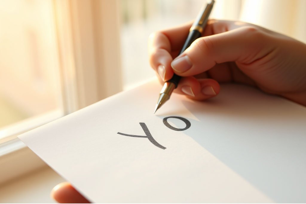 Primer plano de una mano escribiendo la palabra 'YO' en una hoja de papel, simbolizando la reconstrucción de la identidad y el enfoque en uno mismo tras la ruptura emocional.