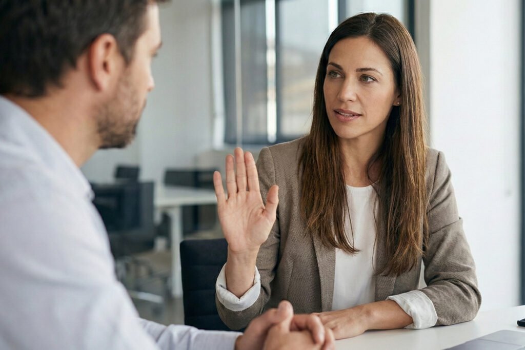 Una mujer estableciendo límites claros y asertivos con un gesto de mano de "stop" durante una conversación seria en una oficina, diferenciando valor de manipulación.