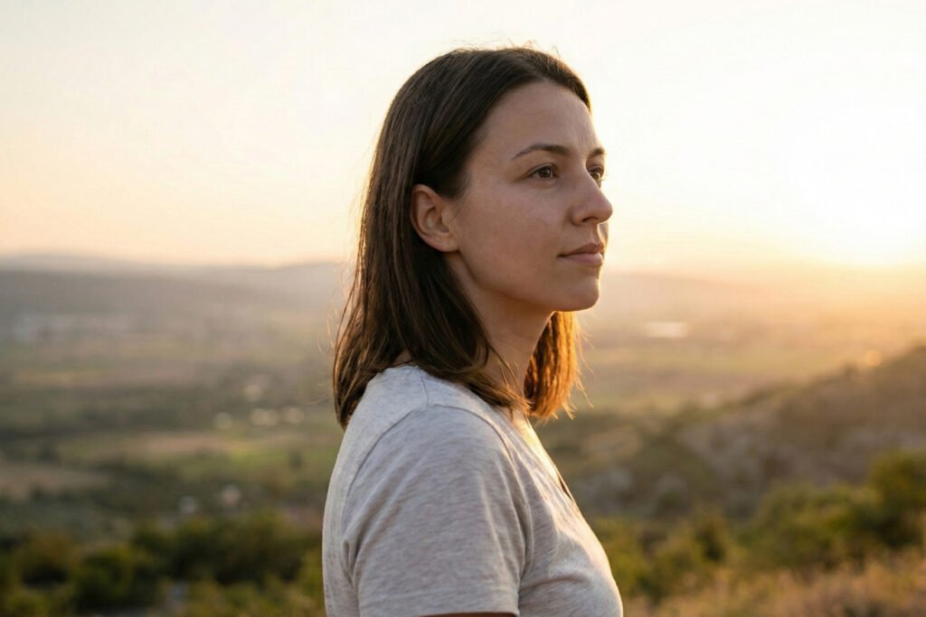 Mujer mirando el horizonte al atardecer con una expresión de paz, simbolizando la etapa de aceptación tras una ruptura amorosa y el comienzo de una nueva etapa.