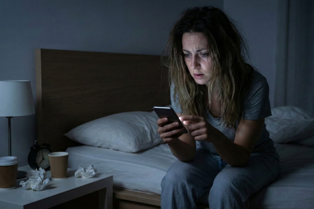 Mujer con cara de ansiedad mirando su móvil en una habitación oscura por la noche, a punto de enviar un mensaje a su ex, representando la etapa de negociación en el duelo.