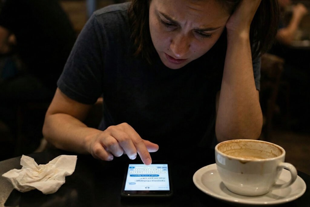 mujer mirando su celular representando la etapa de negación y shock tras una ruptura