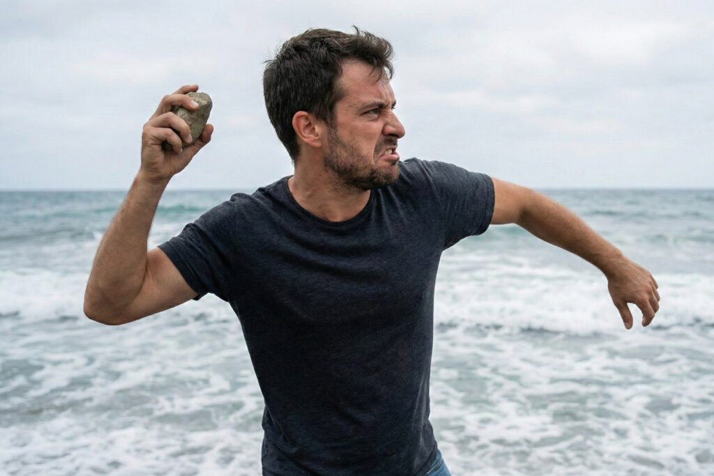 Hombre gritando y lanzando una piedra al mar, expresando la etapa de ira y rencor durante el duelo.
