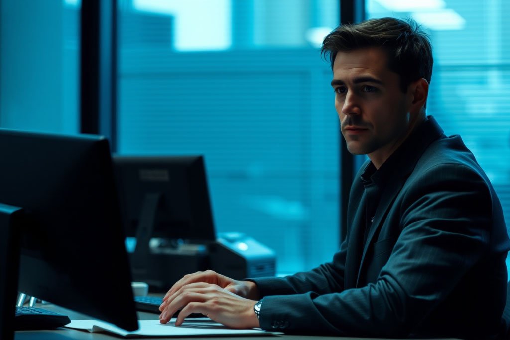 Persona aplicando el método de la piedra gris en la oficina, ignorando a su ex pareja para mantener el control emocional.