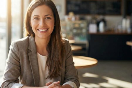 Retrato de una mujer de alto valor sonriendo con confianza y magnetismo en una cafetería, vestida con un blazer, representando seguridad en sí misma.
