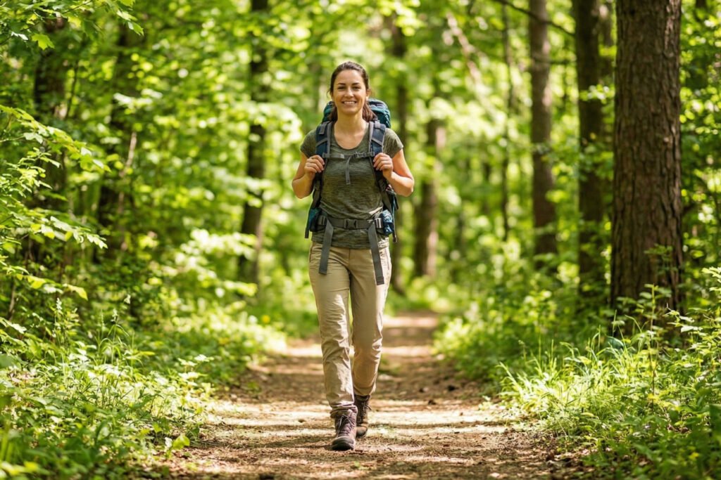 Mujer caminando sonriente y sola por un sendero en el bosque, disfrutando de su propia compañía y autonomía sin dependencia emocional