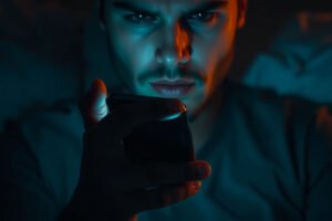 Persona mirando su celular con ansiedad intentando aplicar el contacto cero tras una ruptura.