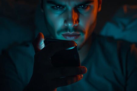 Persona mirando su celular con ansiedad intentando aplicar el contacto cero tras una ruptura.