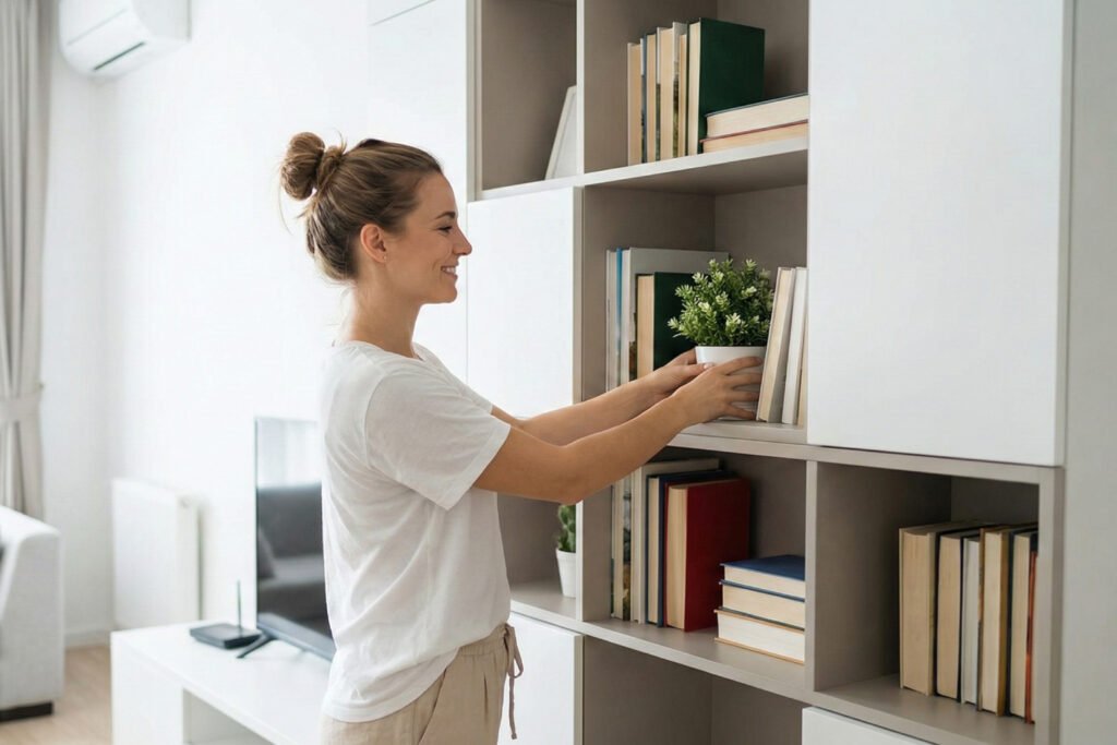 Mujer joven ordenando libros en una estantería luminosa, transformando su hogar como parte del proceso de sanación y recuperación de identidad