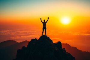 Persona en la cima de una montaña al amanecer simbolizando la superación y la libertad después de romper la dependencia emocional.