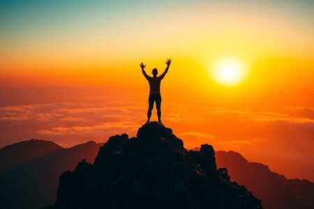 Dependencia Emocional en la Pareja: Cómo Romper la Adicción, Recuperar tu Poder y Volver a Ser Tú Persona en la cima de una montaña al amanecer simbolizando la superación y la libertad después de romper la dependencia emocional.