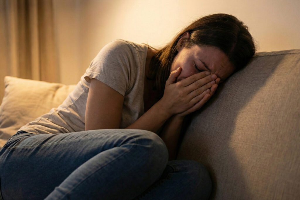 Mujer llorando desconsolada en el sofá, viviendo la etapa de tristeza profunda y aceptación del dolor.
