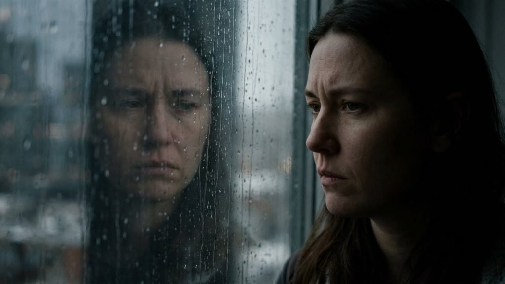 Un hombre o mujer con expresión fría mirando por una ventana, mientras su reflejo muestra tristeza, simbolizando que finge indiferencia