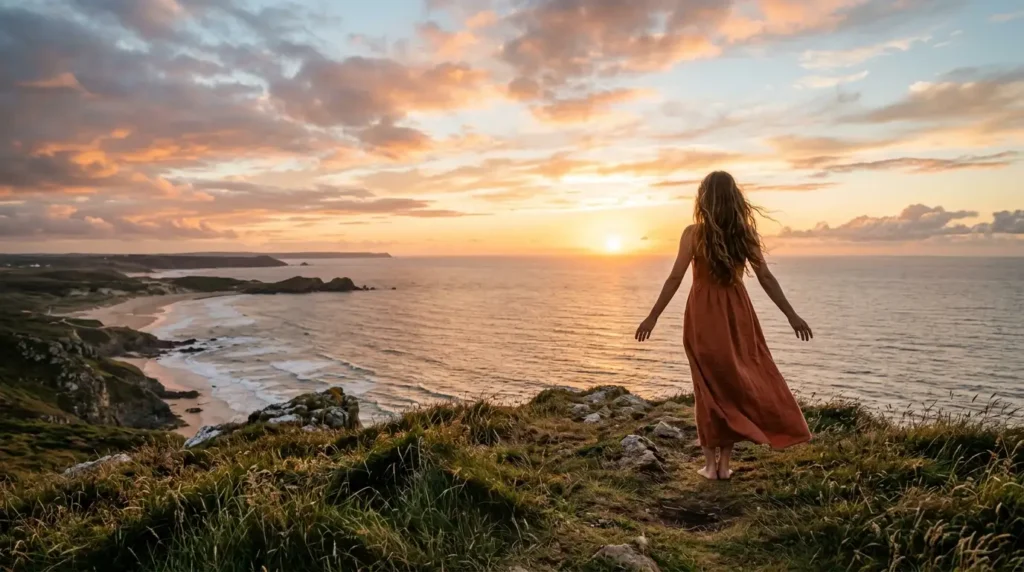 Mujer de espaldas mirando horizonte al amanecer simbolizando nuevos comienzos después de superar ruptura