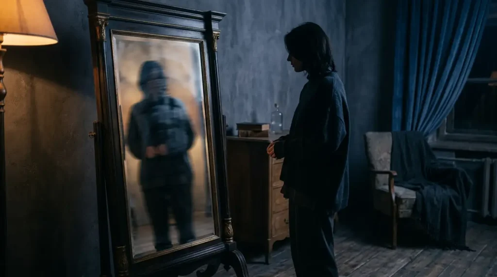 Persona frente al espejo redescubriendo su identidad individual después de años en pareja