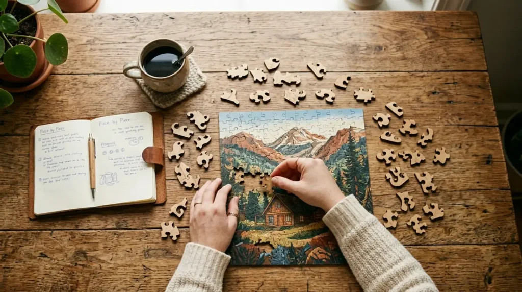 Mujer armando puzzle representando reconstrucción de identidad individual tras relación larga