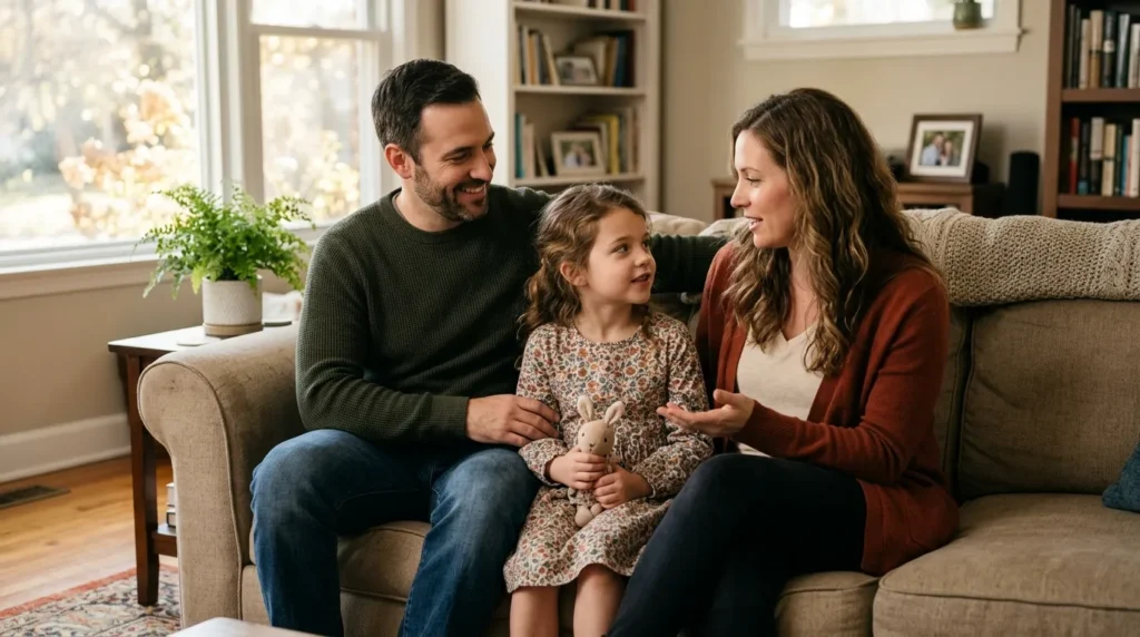 Dos padres separados hablando con su hijo sobre la separación con hijos