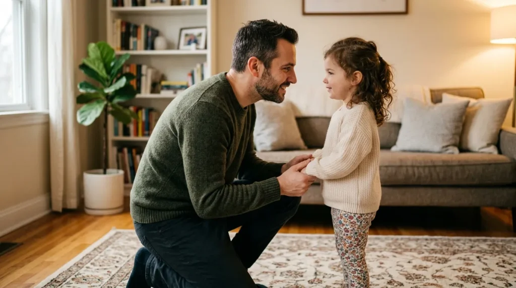 Padre a la altura de su hijo hablando con calma durante la separación con hijos