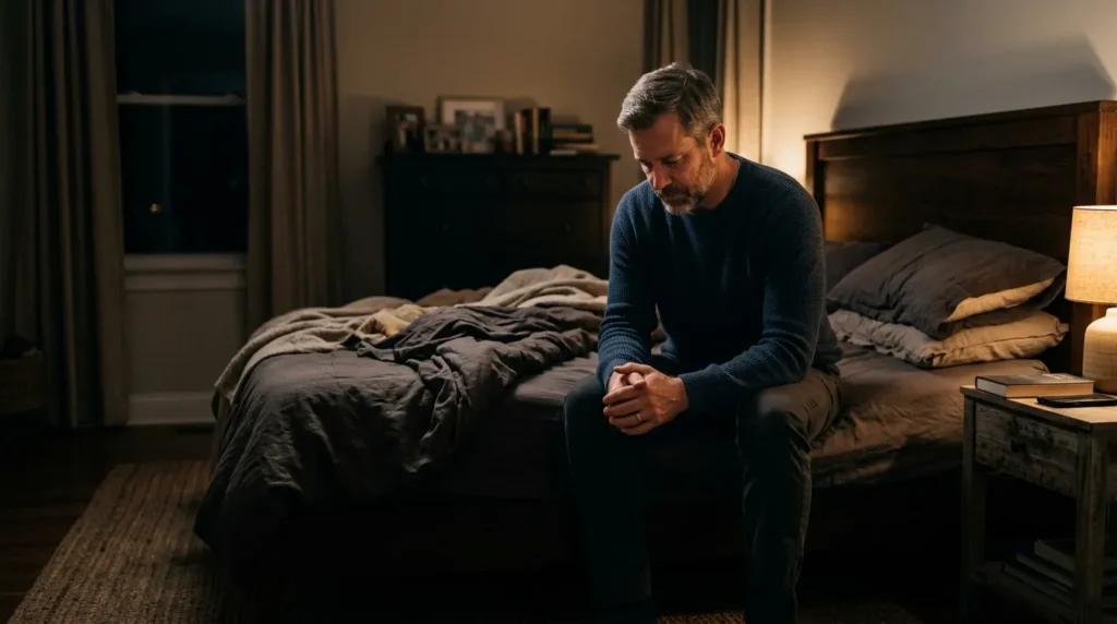 Padre sentado en la cama de noche reflexionando sobre su separación con hijos