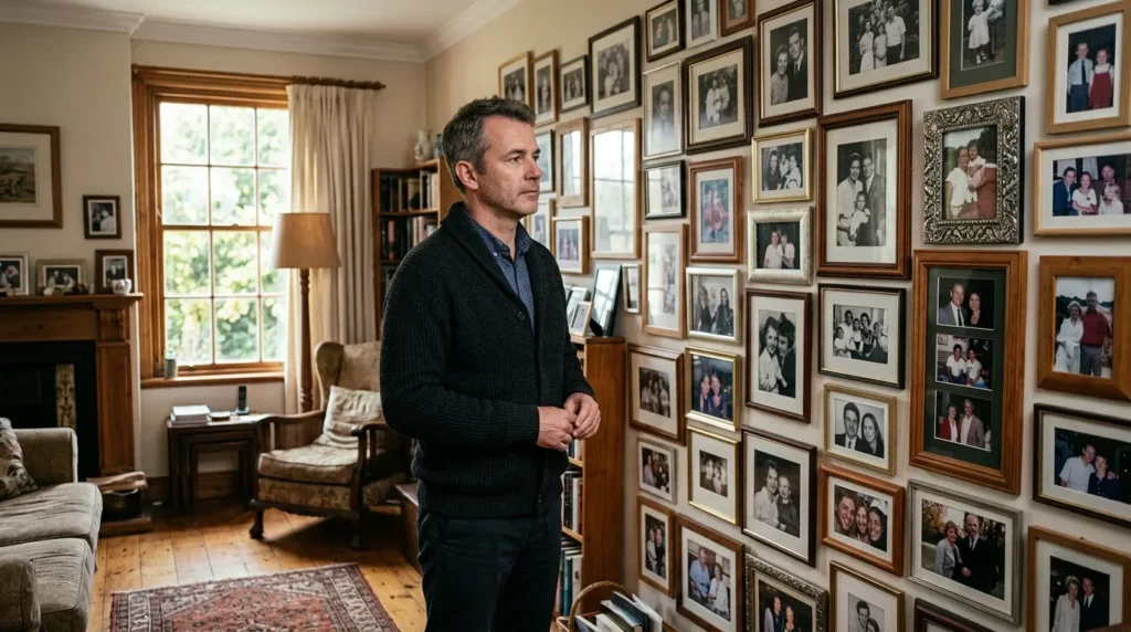 Hombre solo en el salón familiar tras una separación con hijos