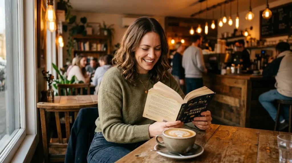 Mujer disfrutando momento de soledad leyendo en cafetería después de superar ruptura
