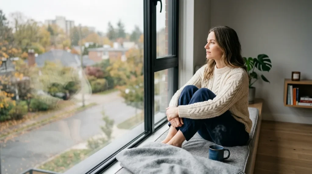 Mujer reflexiva mirando por la ventana después de terminar relación de muchos años