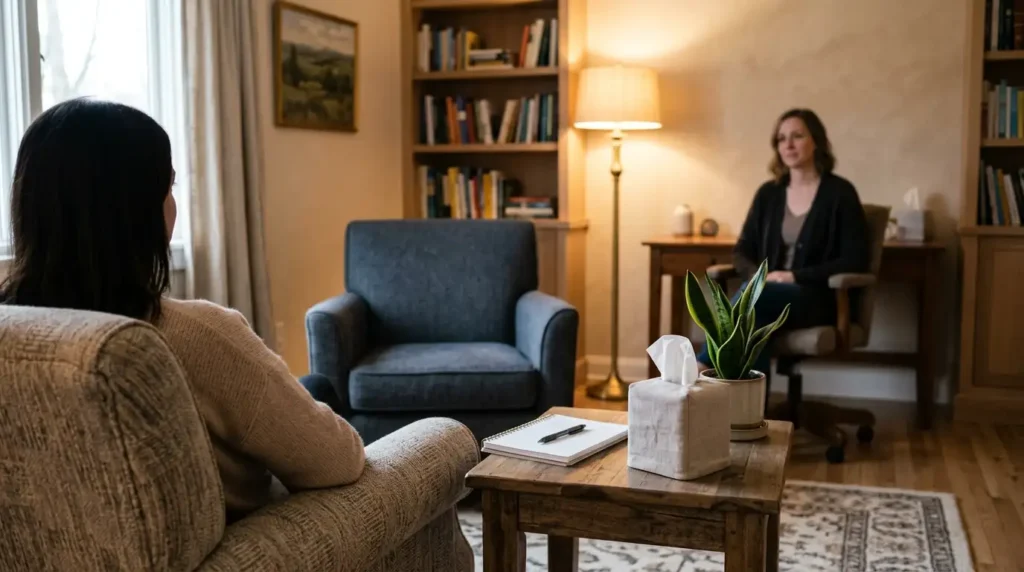 Sesión de terapia profesional para superar ruptura de pareja de muchos años con notebook y ambiente acogedor